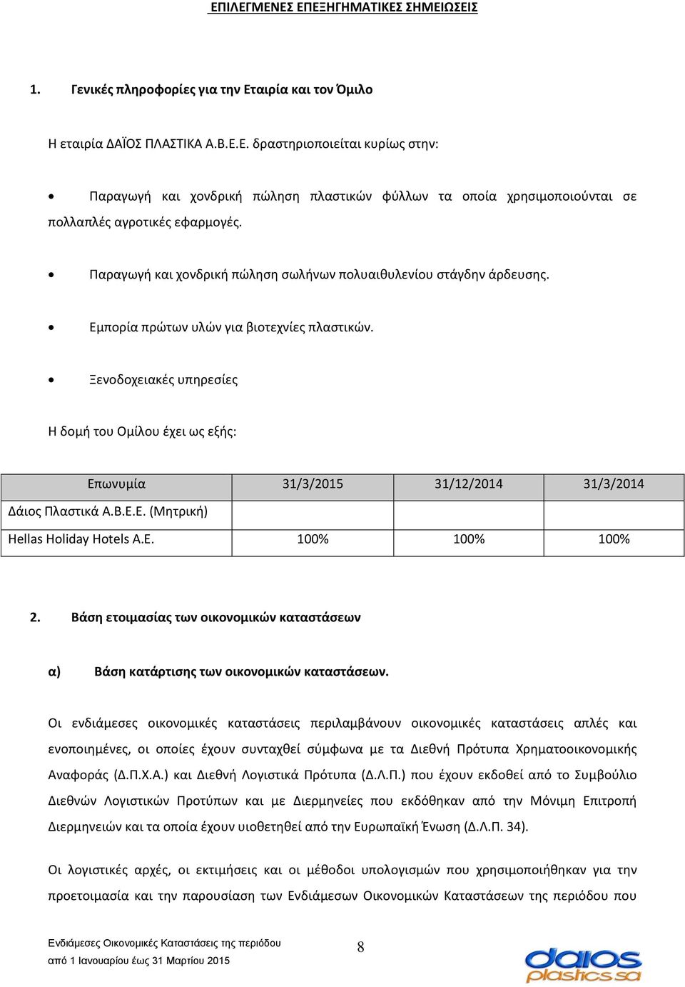 Ξενοδοχειακές υπηρεσίες Η δομή του Ομίλου έχει ως εξής: Επωνυμία 31/3/2015 31/12/2014 31/3/2014 Δάιος Πλαστικά Α.Β.Ε.Ε. (Μητρική) Hellas Holiday Hotels A.E. 100% 100% 100% 2.