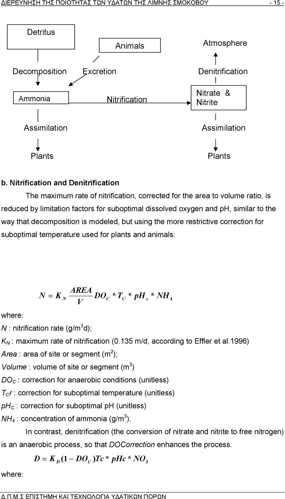 Nitrification and Denitrification The maximum rate of nitrification, corrected for the area to volume ratio, is reduced by limitation factors for suboptimal dissolved oxygen and ph, similar to the