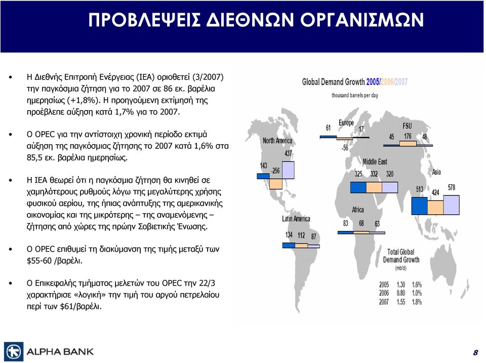 Η IEA θεωρεί ότι η παγκόσμια ζήτηση θα κινηθεί σε χαμηλότερους ρυθμούς λόγω της μεγαλύτερης χρήσης φυσικού αερίου, της ήπιας ανάπτυξης της αμερικανικής οικονομίας και της μικρότερης της