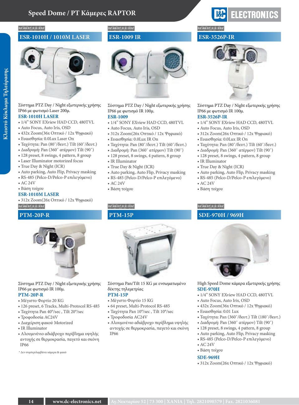 ) Διαδρομή: Pan (360 ατέρμον) Tilt (90 ) 128 preset, 8 swings, 4 pattern, 8 group Laser Illuminator motorized focus True Day & Night (ICR) Auto parking, Auto Flip, Privacy masking RS-485