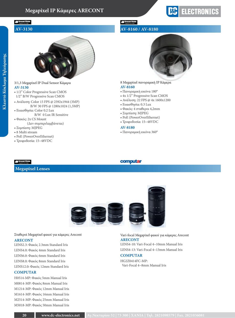 2 Lux B/W 0 Lux IR Sensitive Φακός: 2x CS Mount (Δεν συμπεριλαμβάνεται) Συμπίεση: MJPEG 8 Multi stream PoE (PowerOverEthernet) Τροφοδοσία: 15~48VDC 8 Megapixel πανοραμική IP Κάμερα AV-8160 Πανοραμική