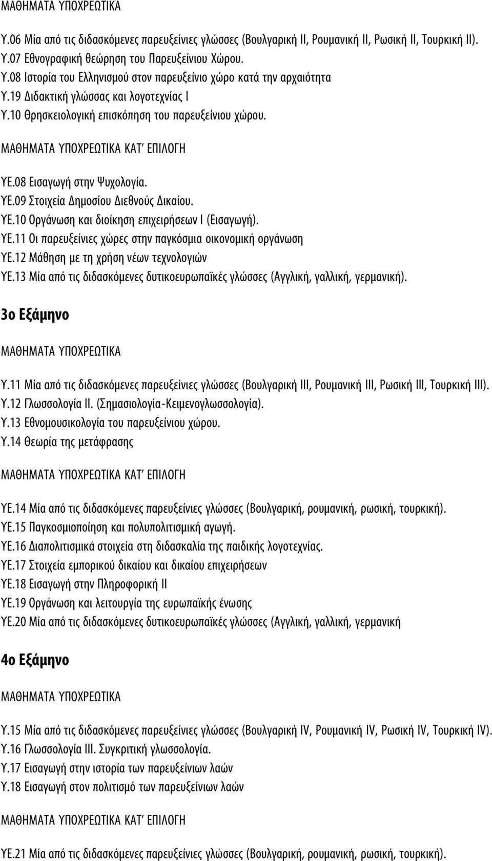 ΥΕ.11 Οι παρευξείνιες χώρες στην παγκόσμια οικονομική οργάνωση ΥΕ.12 Μάθηση με τη χρήση νέων τεχνολογιών ΥΕ.13 Μία από τις διδασκόμενες δυτικοευρωπαϊκές γλώσσες (Αγγλική, γαλλική, γερμανική).