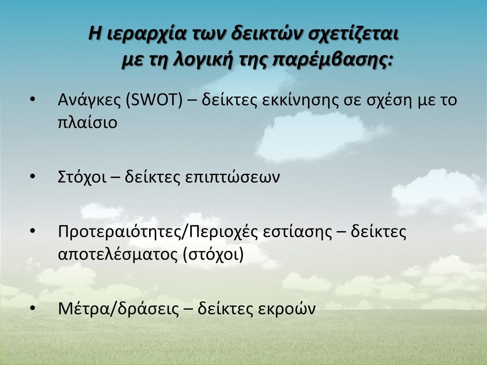 πλαίσιο Στόχοι δείκτες επιπτώσεων Προτεραιότητες/Περιοχές