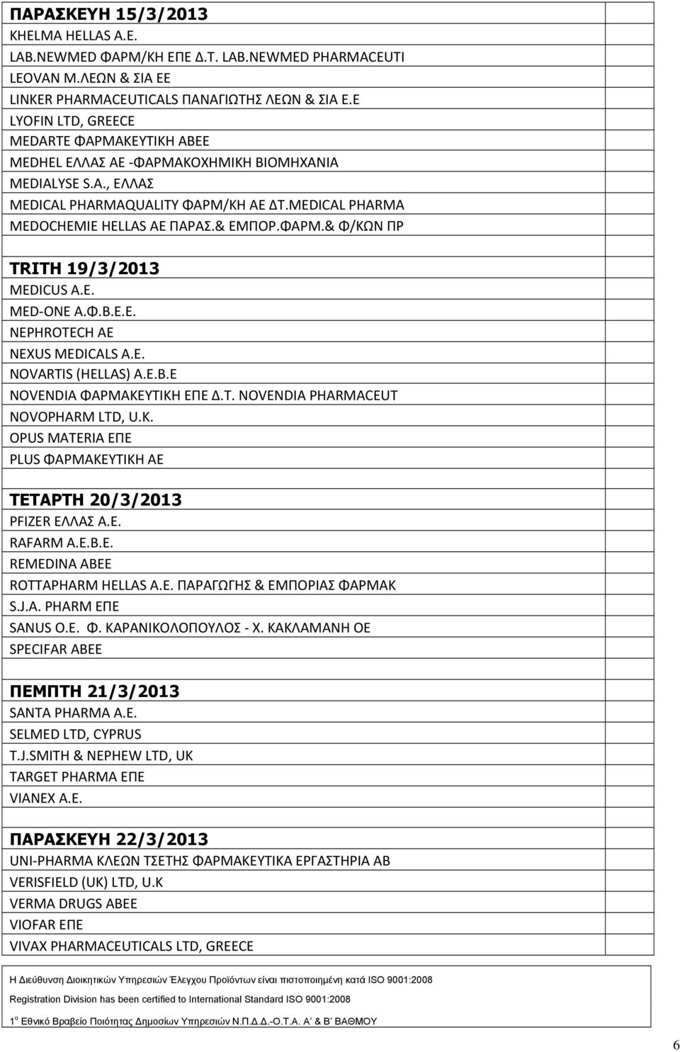 ΦΑΡΜ.& Φ/ΚΩΝ ΠΡ TRITH 19/3/2013 MEDICUS A.E. MED ONE Α.Φ.Β.Ε.Ε. NEPHROTECH ΑΕ NEXUS MEDICALS A.E. NOVARTIS (HELLAS) A.E.B.E NOVENDIA ΦΑΡΜΑΚΕΥΤΙΚΗ ΕΠΕ Δ.Τ. NOVENDIA PHARMACEUT NOVOPHARM LTD, U.K.