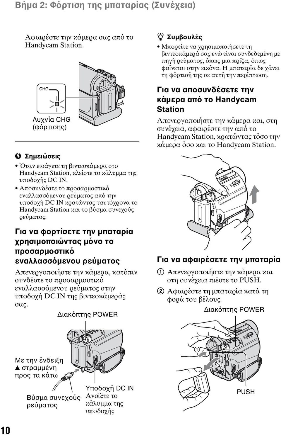 Αποσυνδέστε το προσαρμοστικό εναλλασσόμενου ρεύματος από την υποδοχή DC IN κρατώντας ταυτόχρονα το Handycam Station και το βύσμα συνεχούς ρεύματος.