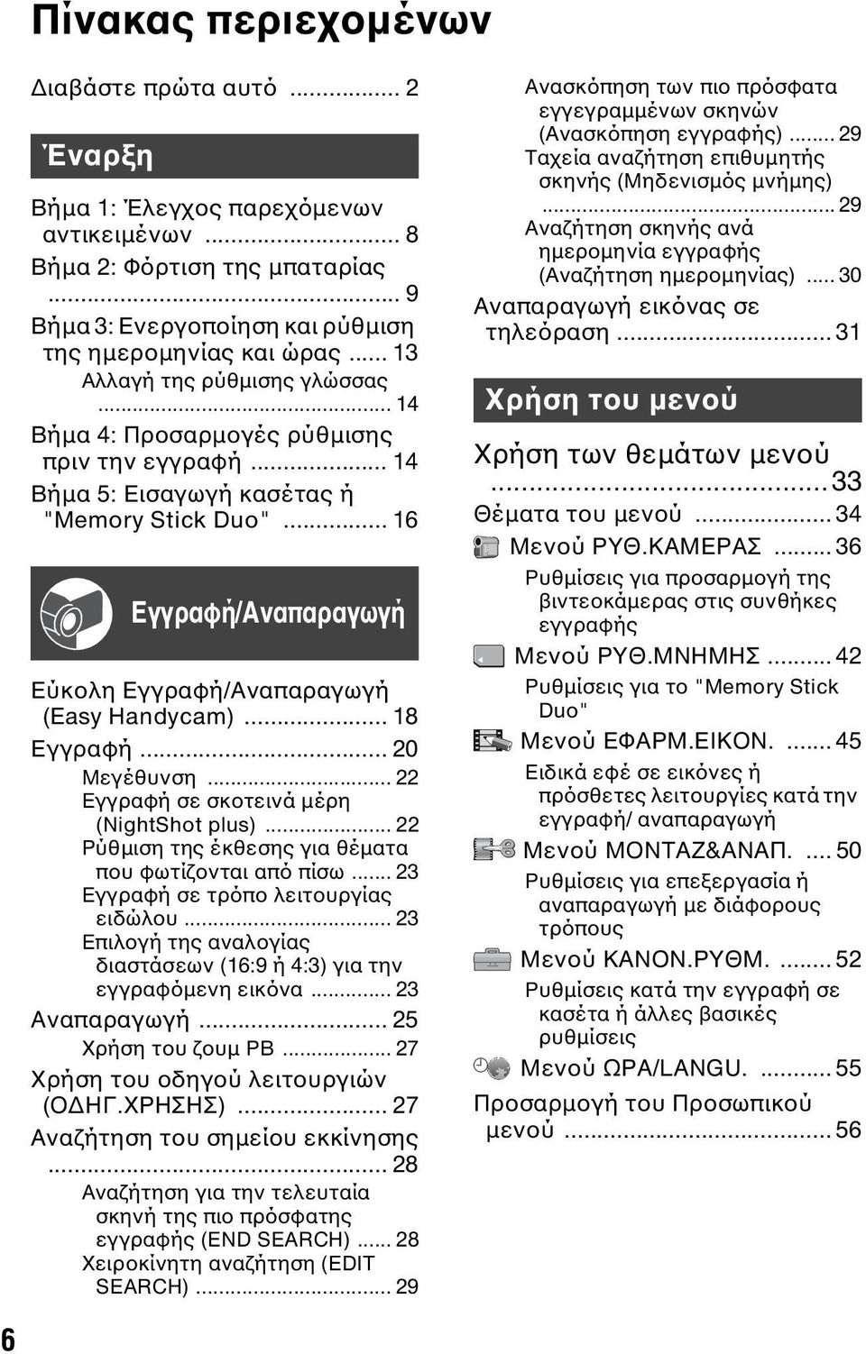 .. 16 Εγγραφή/Αναπαραγωγή Εύκολη Εγγραφή/Αναπαραγωγή (Easy Handycam)... 18 Εγγραφή... 20 Μεγέθυνση... 22 Εγγραφή σε σκοτεινά μέρη (NightShot plus).