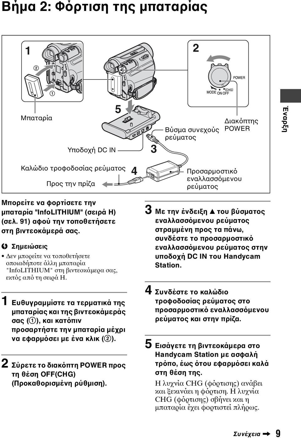 1 Ευθυγραμμίστε τα τερματικά της μπαταρίας και της βιντεοκάμεράς σας (1), και κατόπιν προσαρτήστε την μπαταρία μέχρι να εφαρμόσει με ένα κλικ (2).