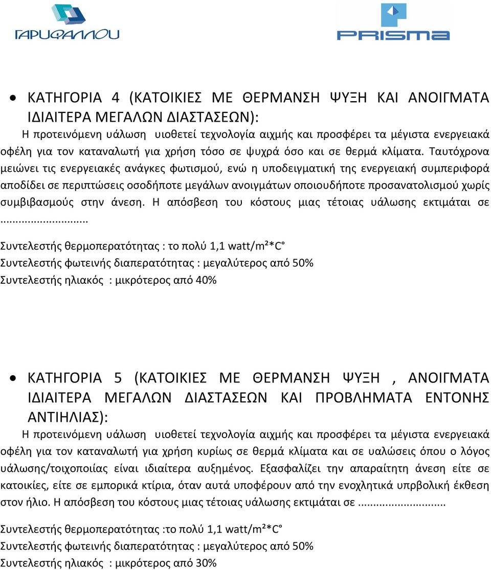 Ταυτόχρονα μειώνει τις ενεργειακές ανάγκες φωτισμού, ενώ η υποδειγματική της ενεργειακή συμπεριφορά αποδίδει σε περιπτώσεις οσοδήποτε μεγάλων ανοιγμάτων οποιουδήποτε προσανατολισμού χωρίς