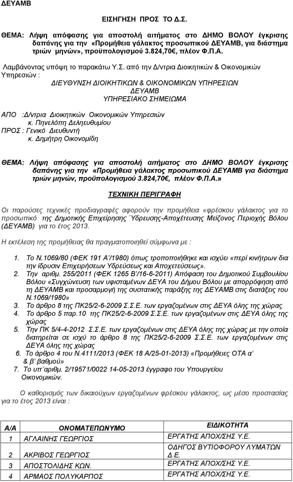από την Δ/ντρια Διοικητικών & Οικονομικών Υπηρεσιών : ΔΙΕΥΘΥΝΣΗ ΔΙΟΙΚΗΤΙΚΩΝ & ΟΙΚΟΝΟΜΙΚΩΝ ΥΠΗΡΕΣΙΩΝ ΔΕΥΑΜΒ ΥΠΗΡΕΣΙΑΚΟ ΣΗΜΕΙΩΜΑ ΑΠO :Δ/ντρια Διοικητικών Οικονομικών Υπηρεσιών κ.