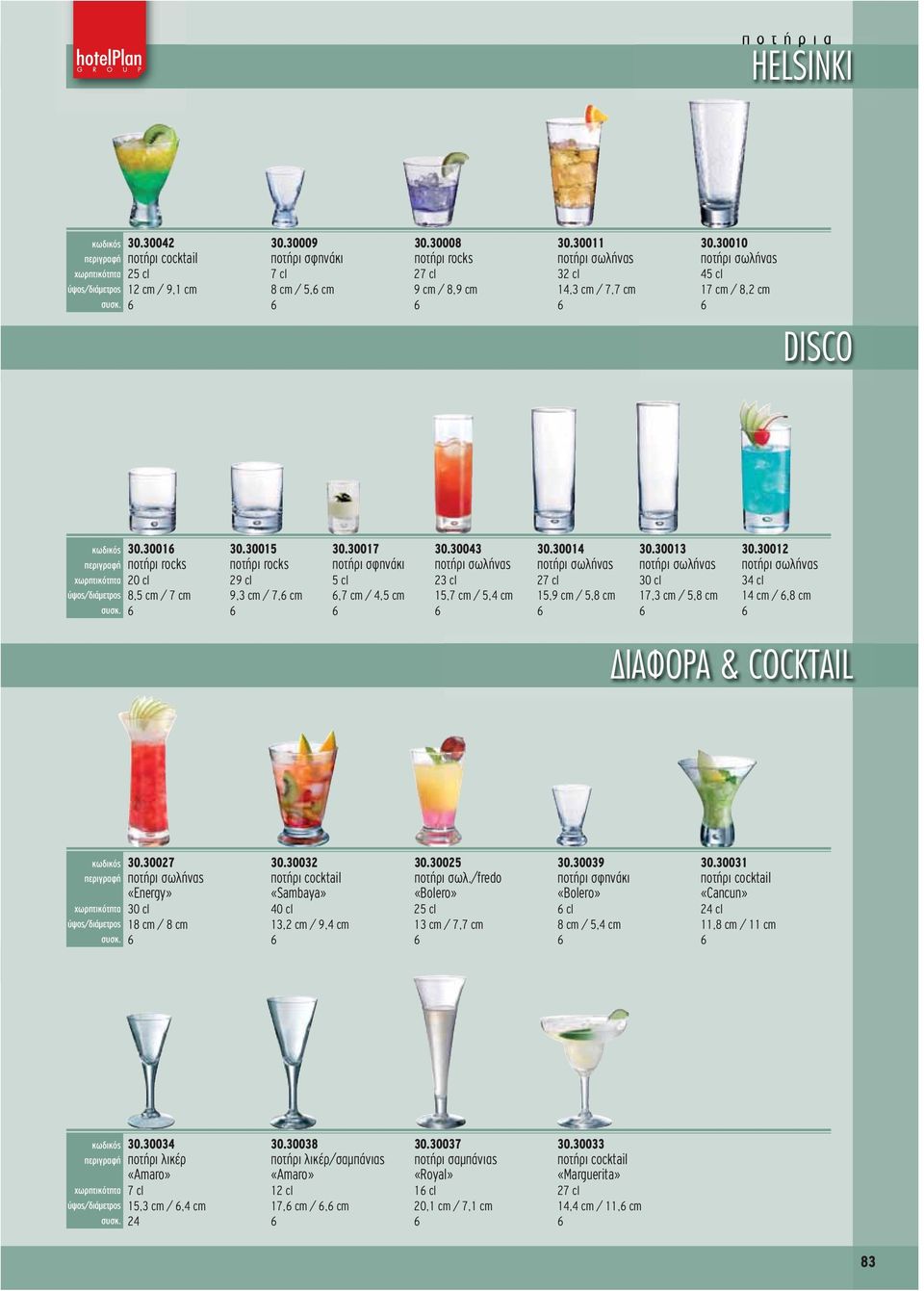 300 34 cl 14 cm /,8 cm ΔΙΑΦΟΡΑ & COCKTAIL 30.30027 «Energy» 30 cl 18 cm / 8 cm 30.30032 ποτήρι cocktail «Sambaya» 40 cl 13,2 cm / 9,4 cm 30.30025 ποτήρι σωλ./fredo «Bolero» 13 cm / 7,7 cm 30.