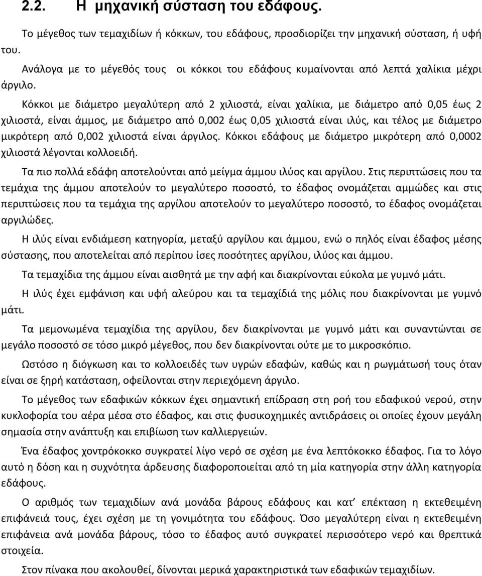 χιλιοστά είναι ιλύς, και τέλος με διάμετρο μικρότερη από 0,002 χιλιοστά είναι άργιλος. Κόκκοι εδάφους με διάμετρο μικρότερη από 0,0002 χιλιοστά λέγονται κολλοειδή.
