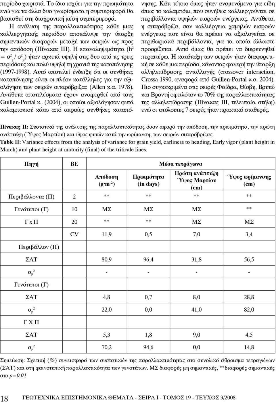 Η επαναληψιμότητα (h 2 = σ 2 / g σ2 ) ήταν αρκετά υψηλή στις δυο από τις τρεις p περιόδους και πολύ υψηλή τη χρονιά της καταπόνησης (1997-1998).