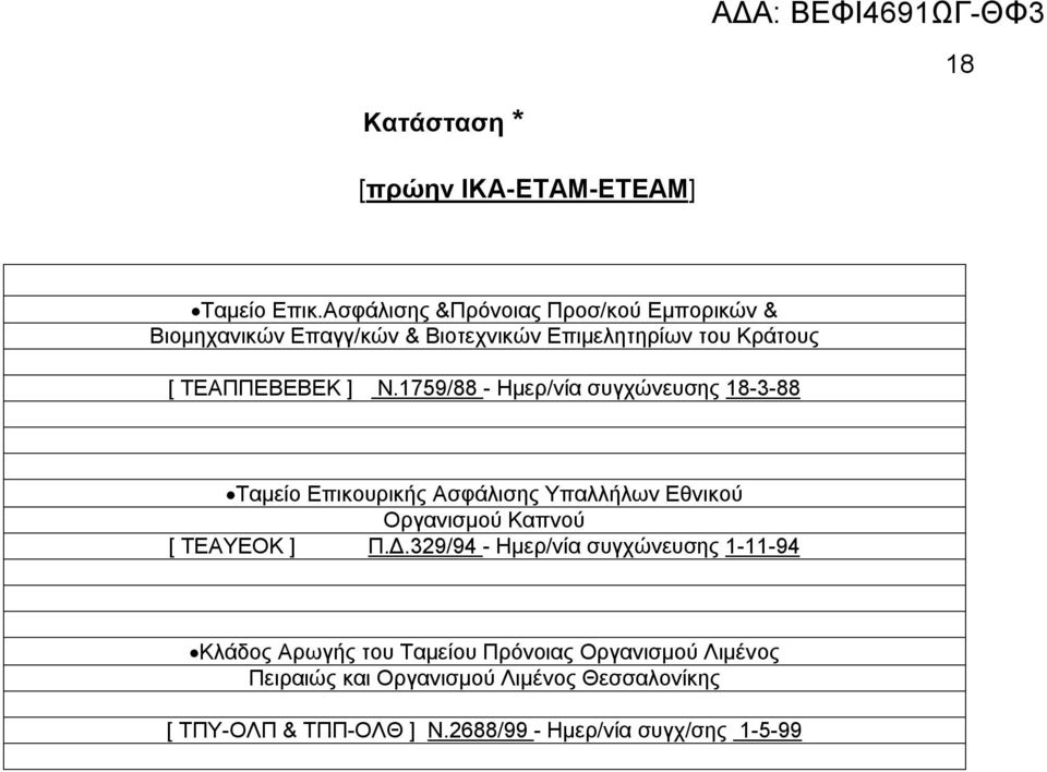 1759/88 - Ημερ/νία συγχώνευσης 18-3-88 Ταμείο Επικουρικής Ασφάλισης Υπαλλήλων Εθνικού Οργανισμού Καπνού [ ΤΕΑΥΕΟΚ ] Π.Δ.