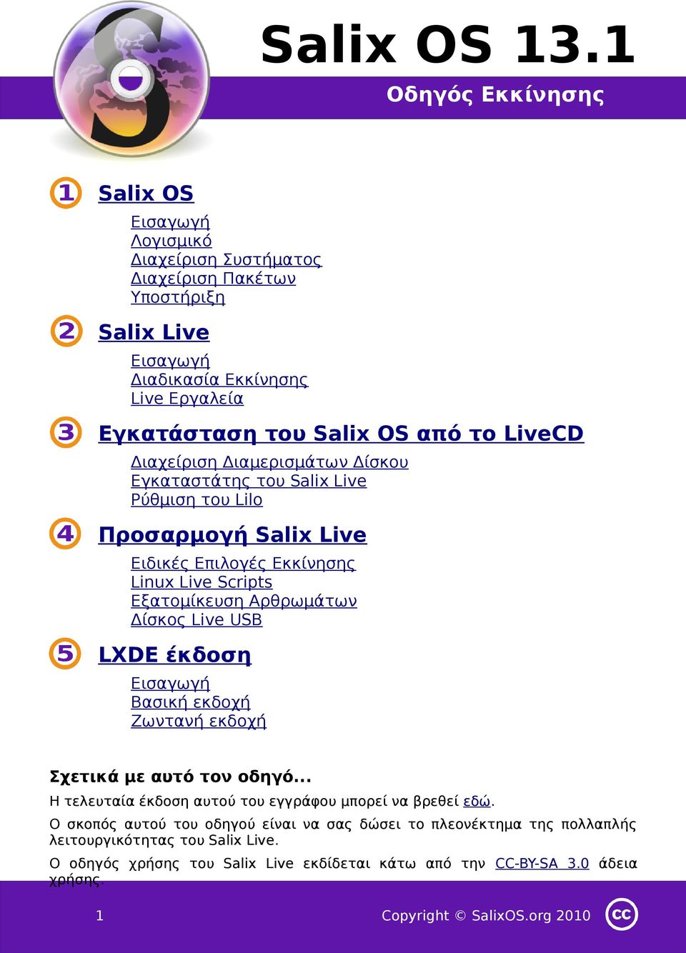 του Salix OS από το LiveCD Διαχείριση Διαμερισμάτων Δίσκου Εγκαταστάτης του Salix Live Ρύθμιση του Lilo Προσαρμογή Salix Live Ειδικές Επιλογές Εκκίνησης Linux Live Scripts