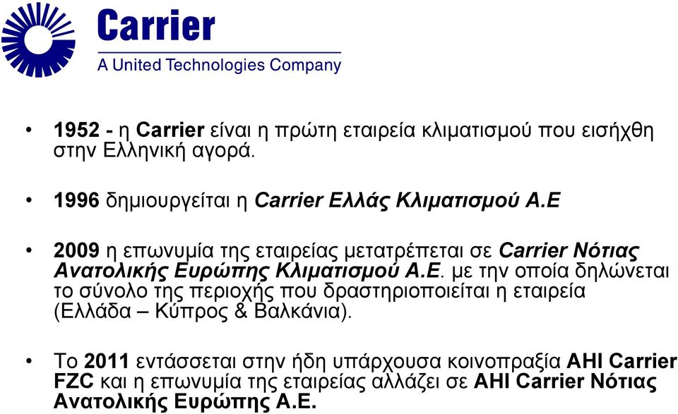 Ε 2009 η επωνυμία της εταιρείας μετατρέπεται σε Carrier Νότιας Ανατολικής Ευρώπης Κλιματισμού Α.Ε. με την οποία δηλώνεται το σύνολο της περιοχής που δραστηριοποιείται η εταιρεία (Ελλάδα Κύπρος & Βαλκάνια).