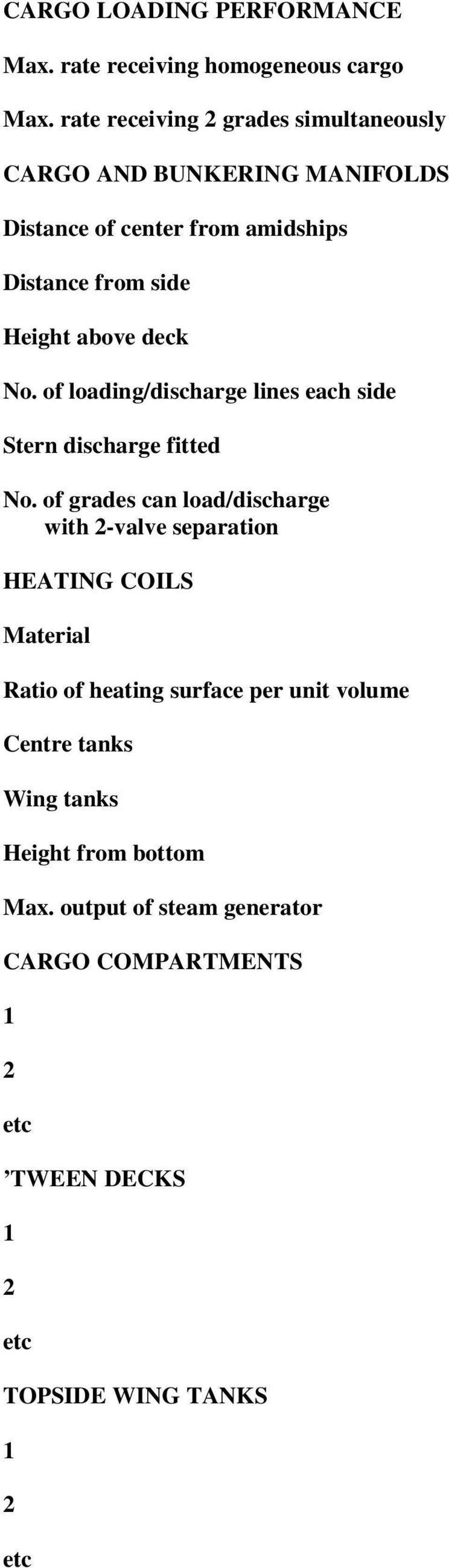 deck No. of loading/discharge lines each side Stern discharge fitted No.