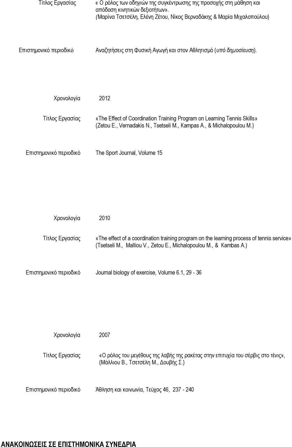 Χρονολογία 2012 «The Effect of Coordination Training Program on Learning Tennis Skills» (Zetou E., Vernadakis N., Tsetseli M., Kampas A., & Michalopoulou M.) The Sport Journal, Volume 15OLU ME 6.