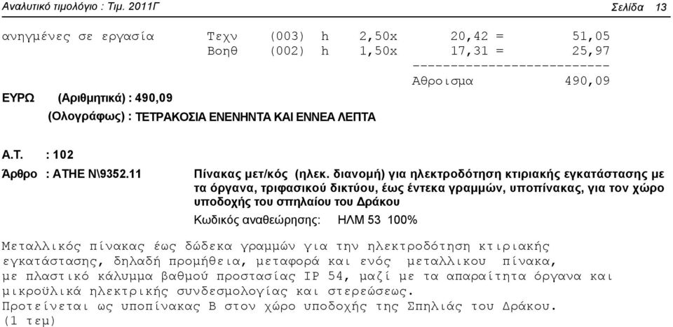 : 102 Άρθρο : ΑΤΗΕ Ν\9352.11 Πίνακας μετ/κός (ηλεκ.