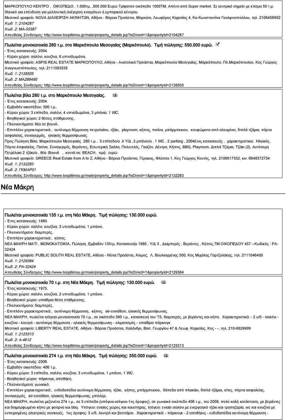 2: MA-55387 Απευθείας Σύνδεσμος: http://www.tospitimou.gr/main/property_details.jsp?isdirect=1&propertyid=2104287 Πωλείται μονοκατοικία 280 τ.μ. στο Μαρκόπουλο Μεσογαίας (Μαρκόπουλο).