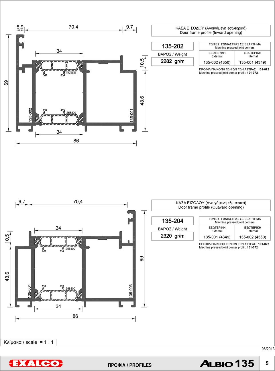 (Ανοιγόμενη εξωτερικά) Door frame profile (Outward opening) ΒΑΡΟΣ / Weight ΓΩΝΙΕΣ ΓΩΝΙΑΣΤΡΑΣ ΣΕ ΕΞΑΡΤΗΜΑ Machine pressed joint corners ΕΞΩΤΕΡΙΚΗ External