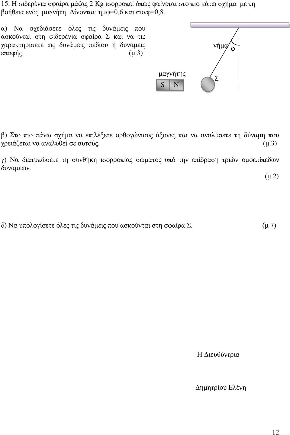 νήμα φ μαγνήτης S N Σ β) Στο πιο πάνω σχήμα να επιλέξετε ορθογώνιους άξονες και να αναλύσετε τη δύναμη που χρειάζεται να αναλυθεί σε αυτούς.