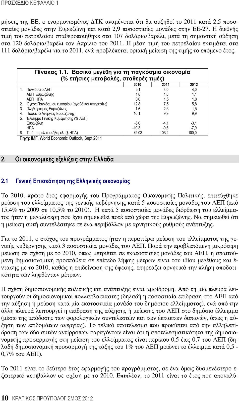 Η µέση τιµή του πετρελαίου εκτιµάται στα 111 δολάρια/βαρέλι για το 2011, ενώ προβλέπεται οριακή µείωση της τιµής το επόµενο έτος. Πίνακας 1.1. Βασικά µεγέθη για τη παγκόσµια οικονοµία (% ετήσιες µεταβολές, σταθερές τιµές) 2010 2011 2012 1.