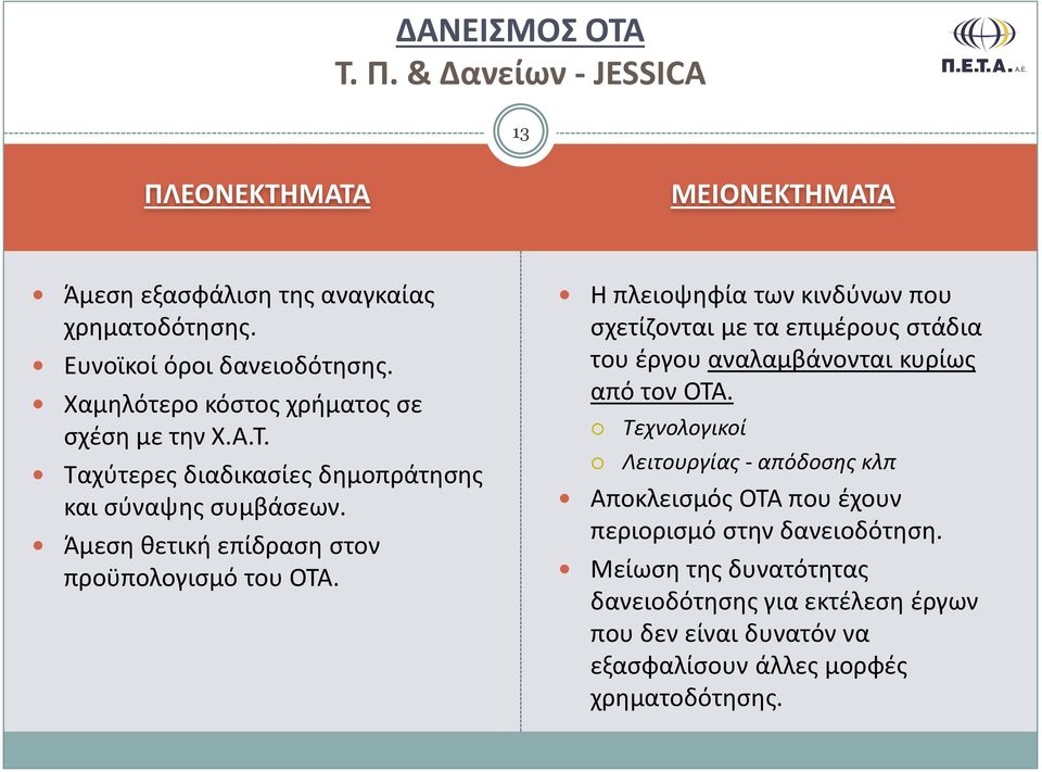 Η πλειοψηφία των κινδύνων που σχετίζονται με τα επιμέρους στάδια του έργου αναλαμβάνονται κυρίως από τον ΟΤΑ.