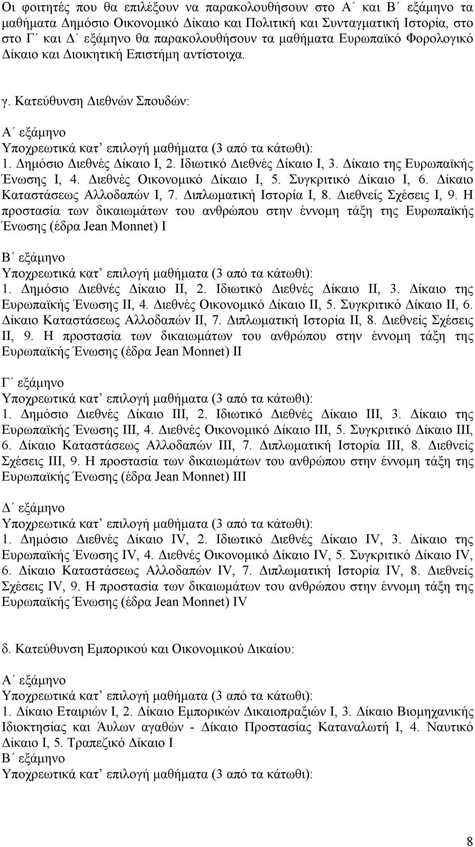 Δίκαιο της Ευρωπαϊκής Ένωσης I, 4. Διεθνές Οικονομικό Δίκαιο I, 5. Συγκριτικό Δίκαιο I, 6. Δίκαιο Καταστάσεως Αλλοδαπών I, 7. Διπλωματική Ιστορία I, 8. Διεθνείς Σχέσεις I, 9.