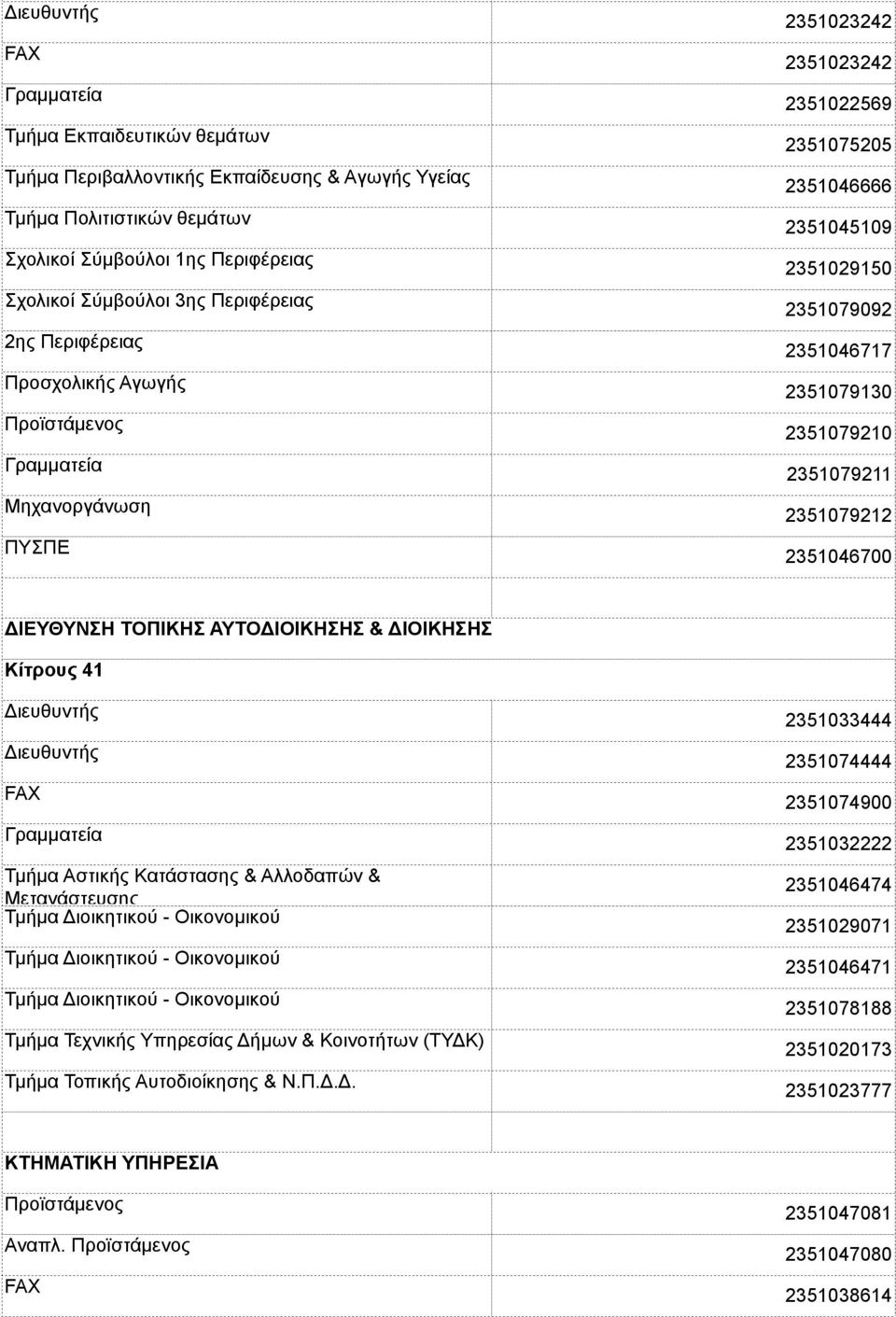 ΔΙΕΥΘΥΝΣΗ ΤΟΠΙΚΗΣ ΑΥΤΟΔΙΟΙΚΗΣΗΣ & ΔΙΟΙΚΗΣΗΣ Κίτρους 41 Τµήµα Αστικής Κατάστασης & Αλλοδαπών & Μετανάστευσης Τµήµα Διοικητικού - Οικονοµικού Τµήµα Διοικητικού - Οικονοµικού Τµήµα Διοικητικού -