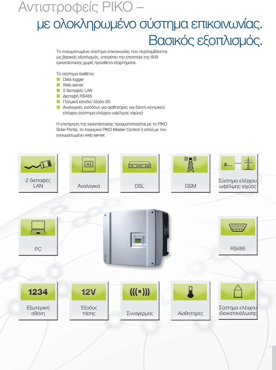 Το σύστημα διαθέτει: Data logger Web server 2 διεπαφές LAN Διεπαφή RS485 Παλμική είσοδο/ έξοδο S0 Αναλογικές εισόδους για αισθητήρες και δέκτη κεντρικού ελέγχου (σύστημα ελέγχου