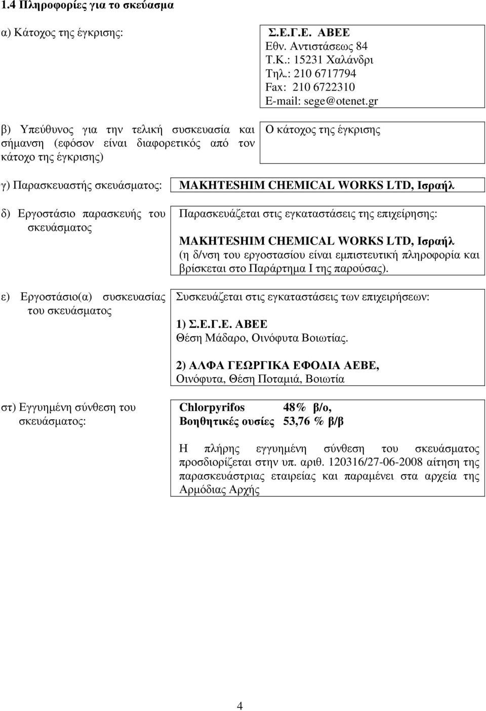 Ισραήλ δ) Εργοστάσιο παρασκευής του σκευάσµατος ε) Εργοστάσιο(α) συσκευασίας του σκευάσµατος Παρασκευάζεται στις εγκαταστάσεις της επιχείρησης: MAKHTESHIM CHEMICAL WORKS LTD, Ισραήλ (η δ/νση του