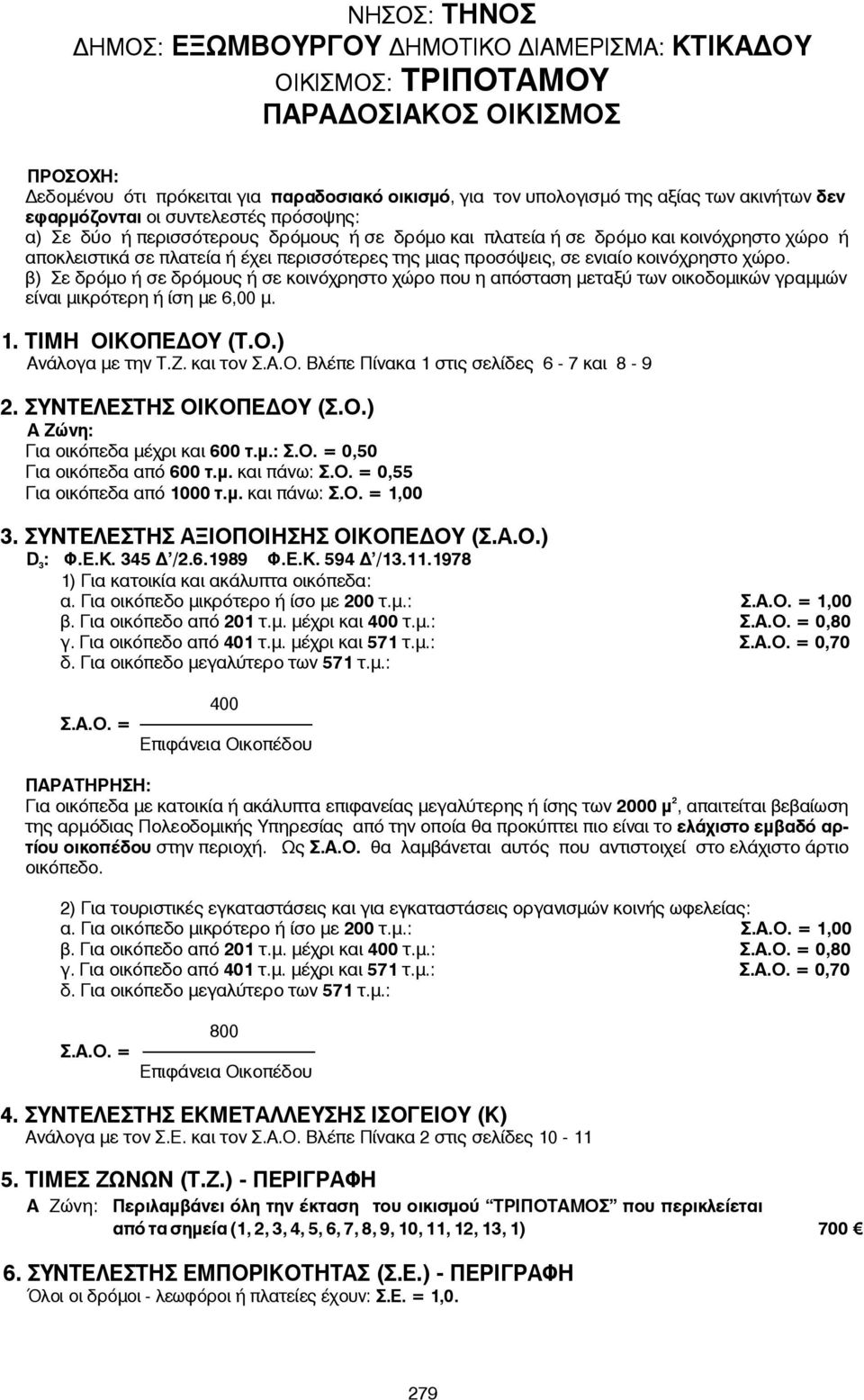 1978 0,80 0,70 Για οικόπεδα με κατοικία ή ακάλυπτα επιφανείας μεγαλύτερης ή ίσης των 000 μ, απαιτείται βεβαίωση ) Για τουριστικές εγκαταστάσεις