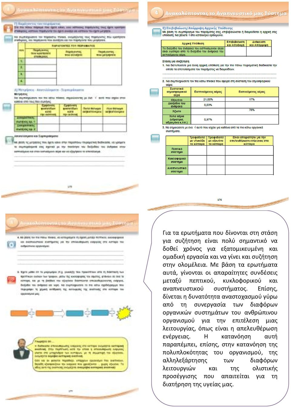 Επίσης, δίνεται η δυνατότητα αναστοχασμού γύρω από τη συνεργασία των διαφόρων οργανικών συστημάτων του ανθρώπινου οργανισμού για την επιτέλεση μιας λειτουργίας, όπως είναι η