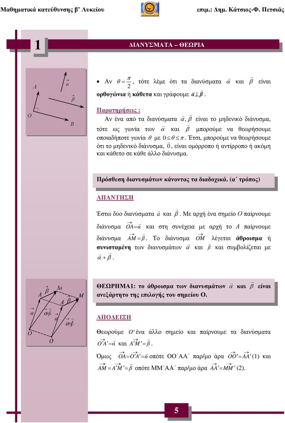 τα διαδοχικά (α τρόπος) B (πέρας) Έστω δύο διανύσµατα και Με αρχή ένα σηµείο παίρνουµε διάνυσµα OA = α και στη συνέχεια µε αρχή το παίρνουµε A (αρχή) διάνυσµα AM = Το διάνυσµα OM λέγεται άθροισµα ή