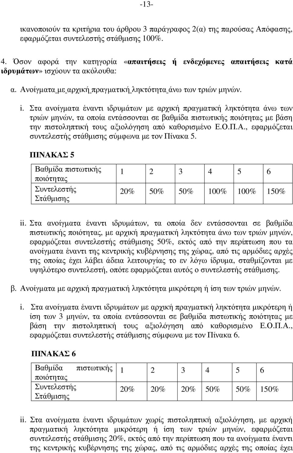 Στα ανοίγµατα έναντι ιδρυµάτων µε αρχική πραγµατική ληκτότητα άνω των τριών µηνών, τα οποία εντάσσονται σε βαθµίδα πιστωτικής ποιότητας µε βάση την πιστοληπτική τους αξιολόγηση από καθορισµένο Ε.Ο.Π.