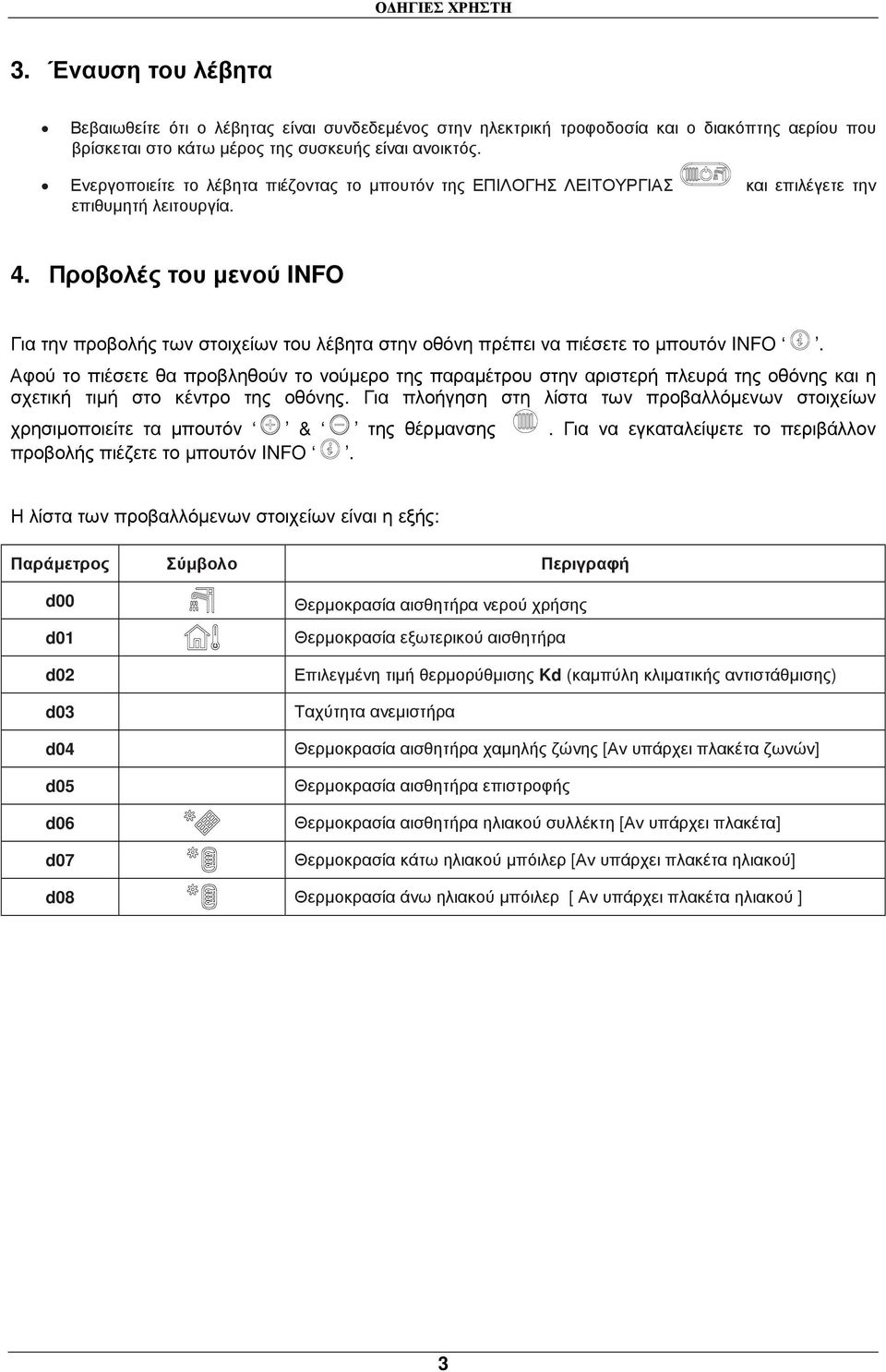 Προβολές του µενού INFO Για την προβολής των στοιχείων του λέβητα στην οθόνη πρέπει να πιέσετε το µπουτόν INFO.