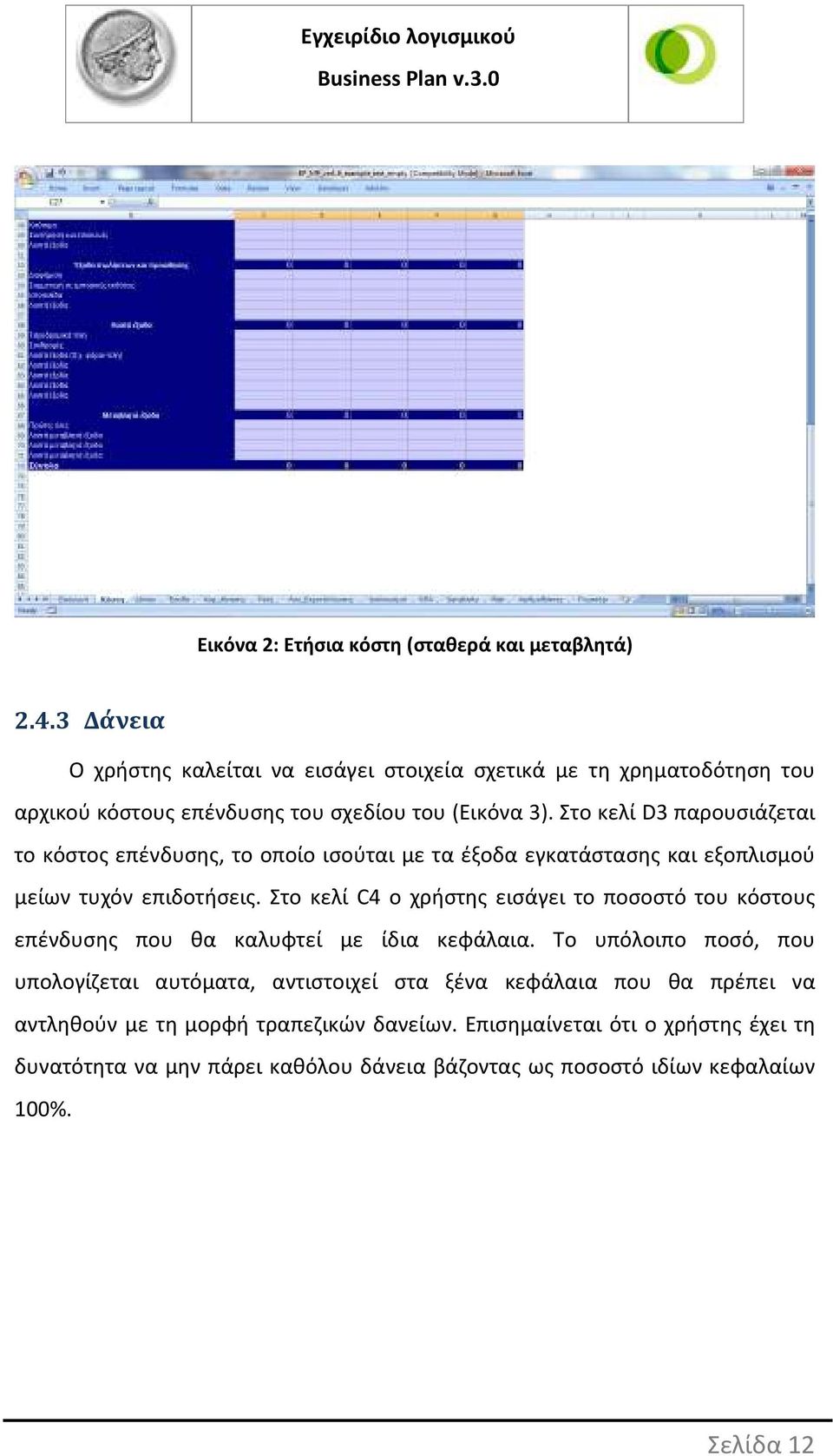 Στο κελί D3 παρουσιάζεται το κόστος επένδυσης, το οποίο ισούται με τα έξοδα εγκατάστασης και εξοπλισμού μείων τυχόν επιδοτήσεις.