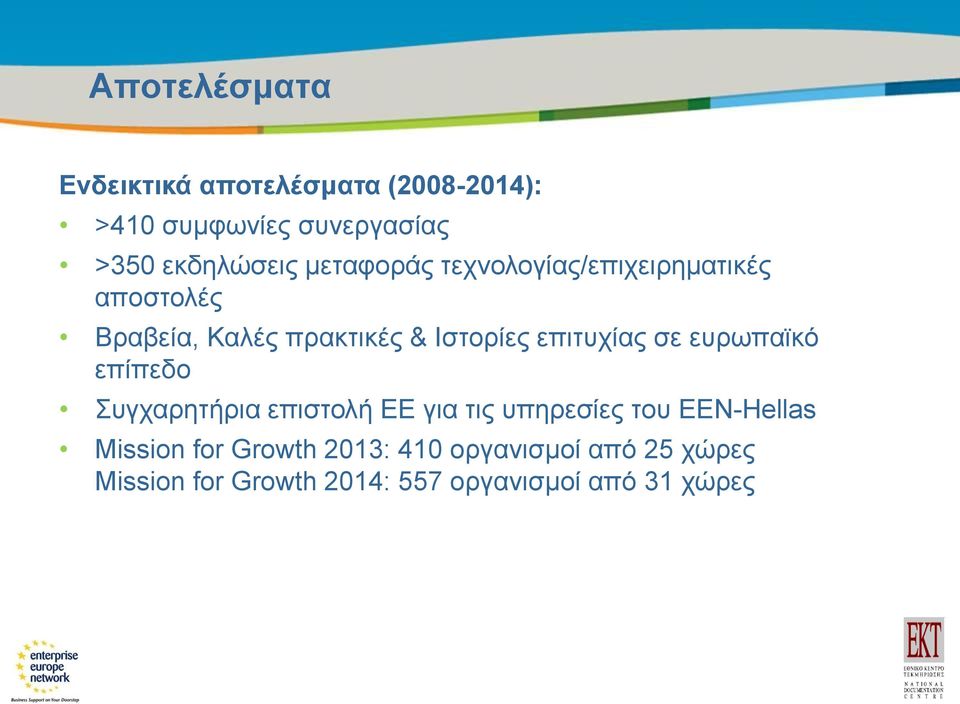 επιτυχίας σε ευρωπαϊκό επίπεδο Συγχαρητήρια επιστολή ΕΕ για τις υπηρεσίες του EEN-Hellas