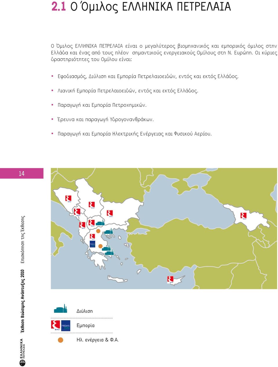 Οι κύριες δραστηριότητες του Ομίλου είναι: Εφοδιασμός, Διύλιση και Εμπορία Πετρελαιοειδών, εντός και εκτός Ελλάδος.
