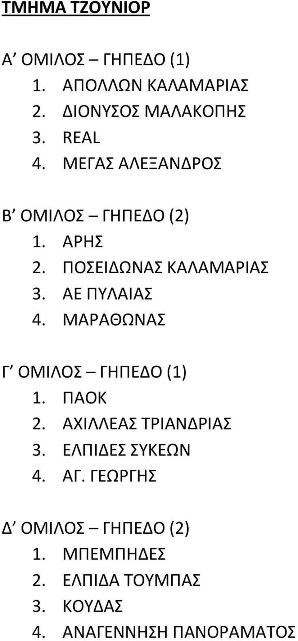 ΜΑΡΑΘΩΝΑΣ Γ ΟΜΙΛΟΣ ΓΗΠΕΔΟ (1) 1. ΠΑΟΚ 2. ΑΧΙΛΛΕΑΣ ΤΡΙΑΝΔΡΙΑΣ 3. ΕΛΠΙΔΕΣ ΣΥΚΕΩΝ 4. ΑΓ.