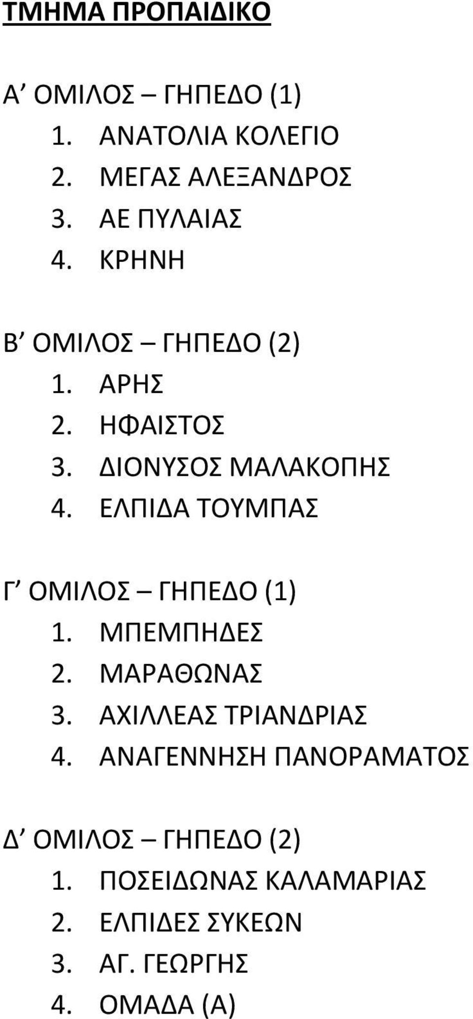 ΕΛΠΙΔΑ ΤΟΥΜΠΑΣ Γ ΟΜΙΛΟΣ ΓΗΠΕΔΟ (1) 1. ΜΠΕΜΠΗΔΕΣ 2. ΜΑΡΑΘΩΝΑΣ 3. ΑΧΙΛΛΕΑΣ ΤΡΙΑΝΔΡΙΑΣ 4.