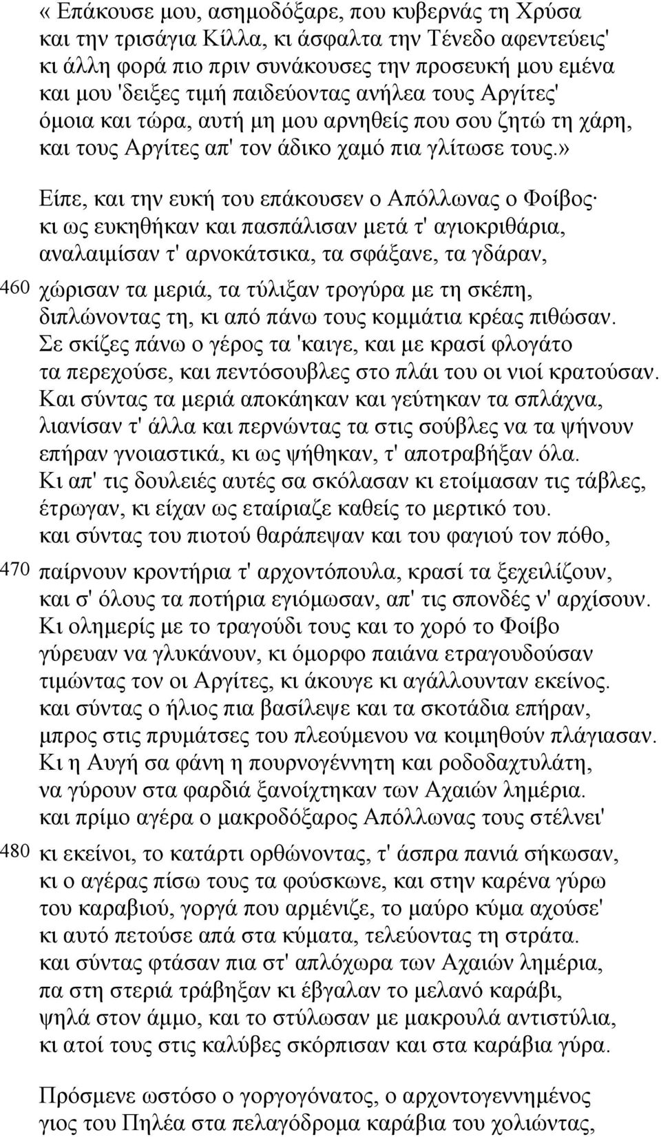 » Είπε, και την ευκή του επάκουσεν ο Απόλλωνας ο Φοίβος κι ως ευκηθήκαν και πασπάλισαν µετά τ' αγιοκριθάρια, αναλαιµίσαν τ' αρνοκάτσικα, τα σφάξανε, τα γδάραν, 460 χώρισαν τα µεριά, τα τύλιξαν