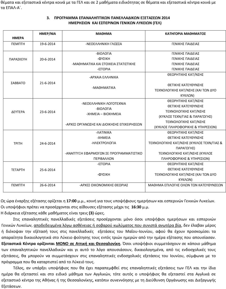 ΣΑΒΒΑΤΟ 21-6-2014 ΔΕΥΤΕΡΑ 23-6-2014 ΤΡΙΤΗ 24-6-2014 ΤΕΤΑΡΤΗ 25-6-2014 -ΜΑΘΗΜΑΤΙΚΑ ΚΑΙ ΣΤΟΙΧΕΙΑ ΣΤΑΤΙΣΤΙΚΗΣ -ΑΡΧΑΙΑ ΕΛΛΗΝΙΚΑ -ΜΑΘΗΜΑΤΙΚΑ -ΝΕΟΕΛΛΗΝΙΚΗ ΛΟΓΟΤΕΧΝΙΑ -ΧΗΜΕΙΑ ΒΙΟΧΗΜΕΙΑ -ΑΡΧΕΣ ΟΡΓΑΝΩΣΗΣ ΚΑΙ