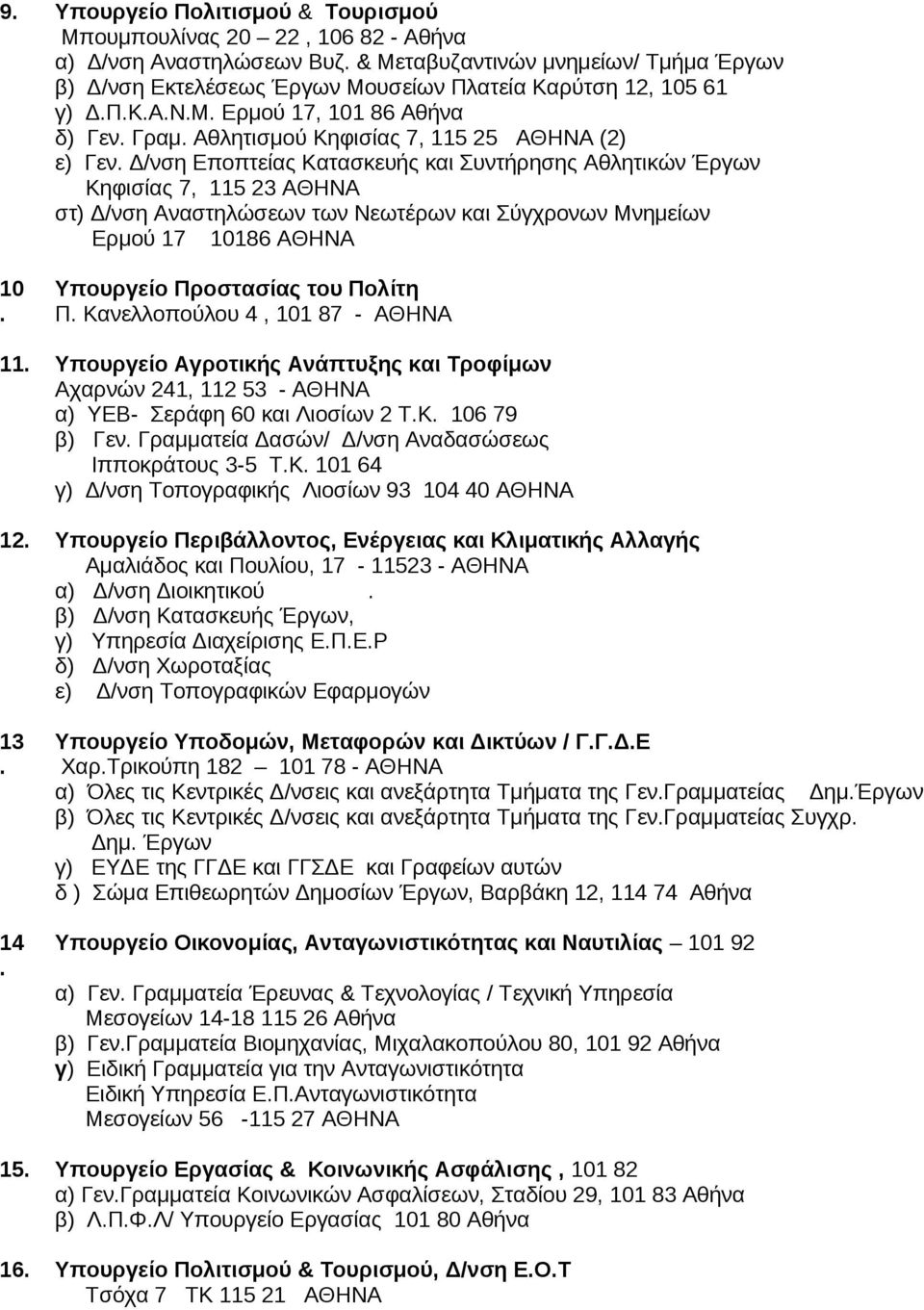 των Νεωτέρων και Σύγχρονων Μνημείων Ερμού 17 10186 ΑΘΗΝΑ 10 Υπουργείο Προστασίας του Πολίτη Π Κανελλοπούλου 4, 101 87 - ΑΘΗΝΑ 11 Υπουργείο Αγροτικής Ανάπτυξης και Τροφίμων Αχαρνών 241, 112 53 - ΑΘΗΝΑ