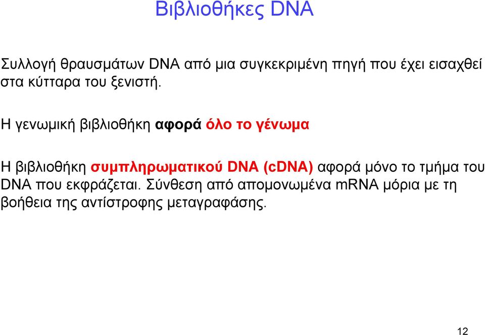 Η γενωμική βιβλιοθήκη αφορά όλο το γένωμα Η βιβλιοθήκη συμπληρωματικού DNA