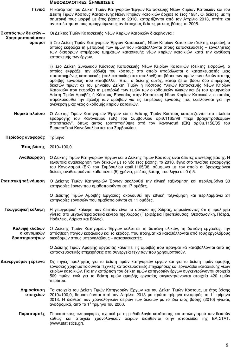 Οι δείκτες, µε τη σηµερινή τους µορφή µε έτος βάσης το 2010, καταρτίζονται από τον Απρίλιο 2013, οπότε και αντικατέστησαν τους προηγούµενους αντίστοιχους δείκτες µε έτος βάσης το 2005.