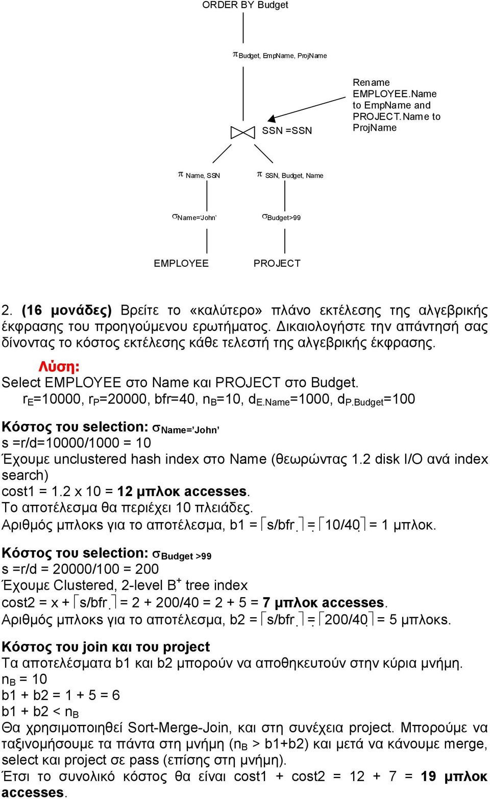 Select EMPLOYEE στο Name και PROJECT στο Budget. r E =10000, r P =20000, bfr=40, n B =10, d E.Name =1000, d P.