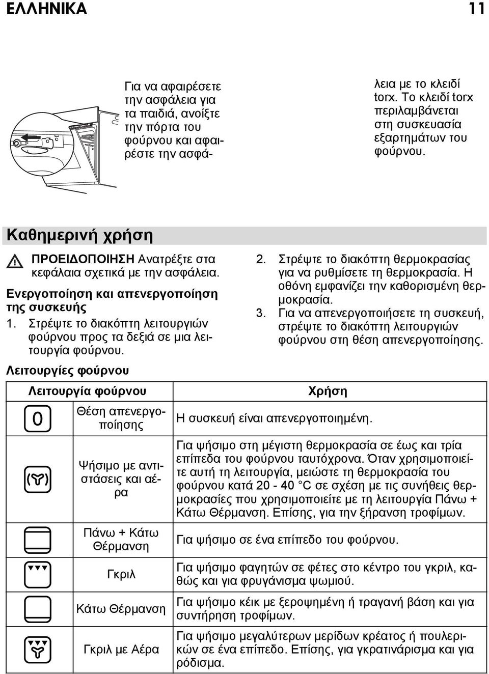 Στρέψτε το διακόπτη λειτουργιών φούρνου προς τα δεξιά σε μια λειτουργία φούρνου.