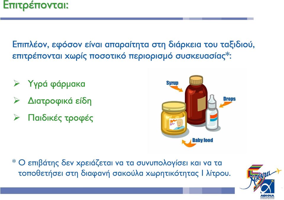 φάρµακα ιατροφικά είδη Παιδικές τροφές * Ο επιβάτης δεν χρειάζεται να