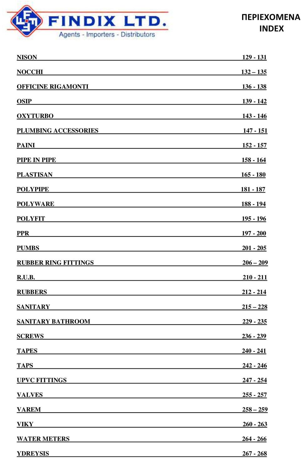 PUMBS 201-205 RUBBER RING FITTINGS 206 209 R.U.B. 210-211 RUBBERS 212-214 SANITARY 215 228 SANITARY BATHROOM 229-235 SCREWS